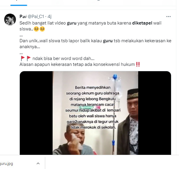 Pelajaran Bagi Pendidik, Seorang Guru di Bengkulu Diketapel Matanya Sampai Buta Permanen Karena Menendang Siswa yang  Ketahuan Merokok