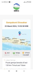 Gempa Bumi Mengguncang Tuban 2 Kali, Terkini  Berkekuatan 6,5 M, Tidak Berpotensi Tsunami 