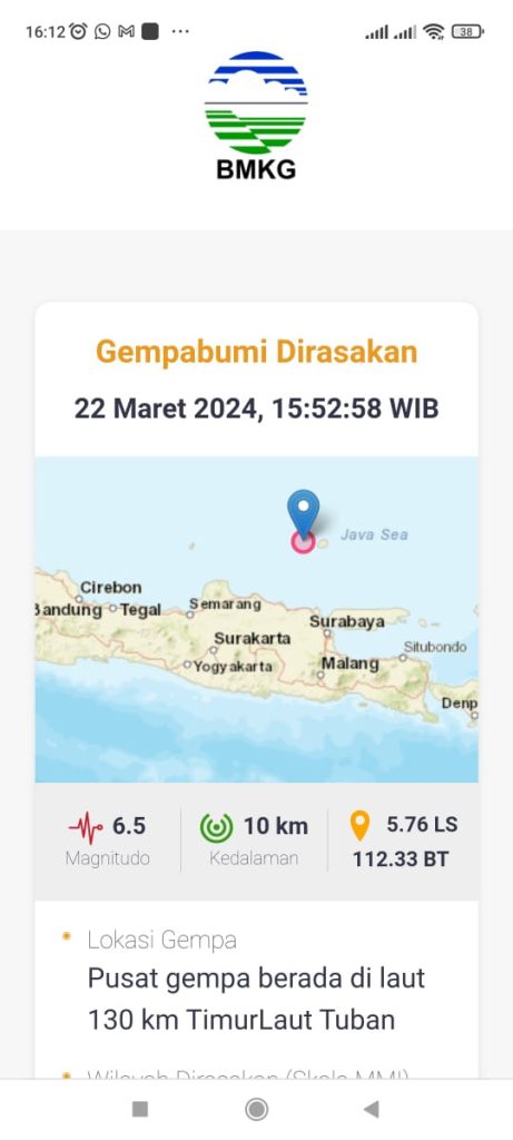 Gempa Bumi Mengguncang Tuban 2 Kali, Terkini  Berkekuatan 6,5 M, Tidak Berpotensi Tsunami 