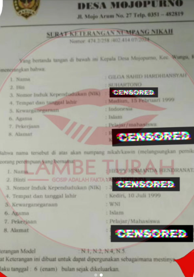 Surat Keterangan Nikah Gilga Sahid