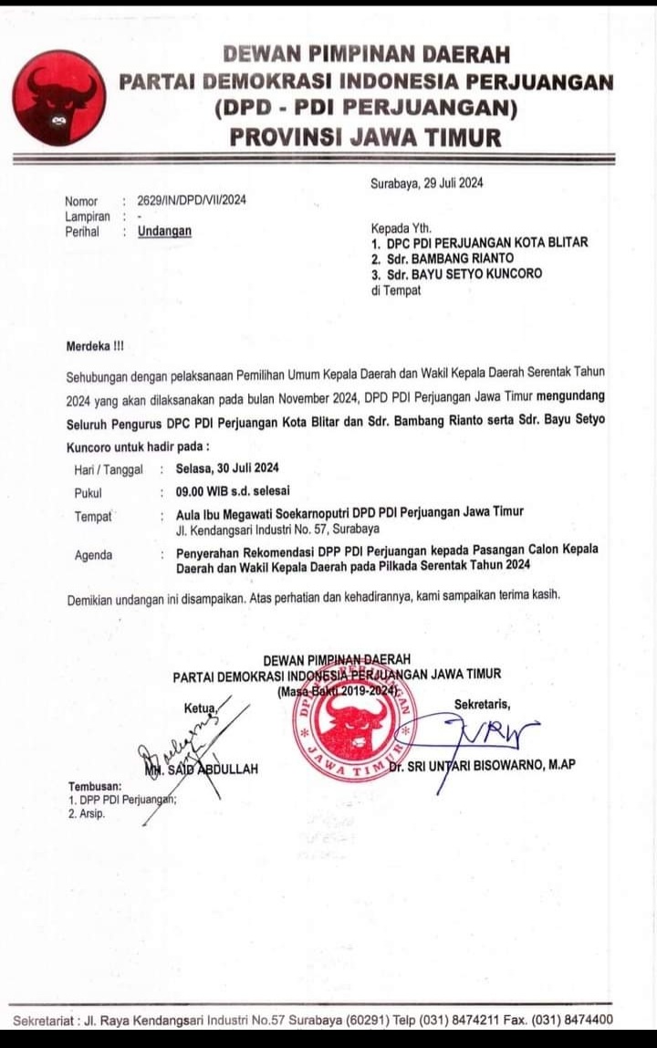 Rekom  PDIP untuk Bacawali-Bacawawali Kota Blitar Sudah Turun, Jatuh Pada Pasangan Bambang-Bayu