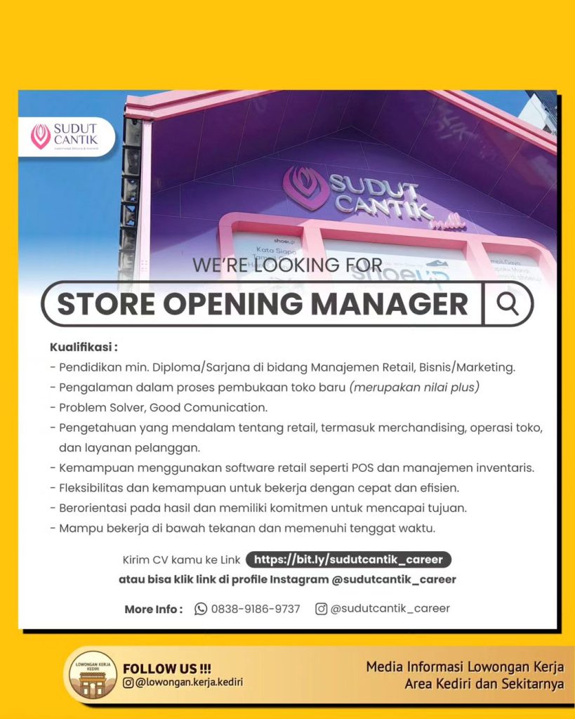 Sudut Cantik Kediri Buka Lowongan Kerja dengan 4 Posisi Menarik di Bulan Jili 2024, Segera Merapat