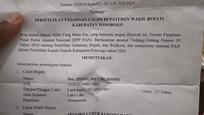 Beredar Surat Rekomendasi PAN Untuk Pilbup Ponorogo Turun Ipong Muchlisoni. Wahyudi : Kami Samina wa athona