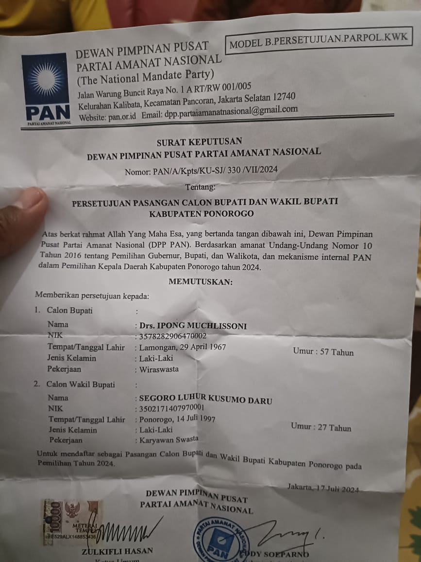 Beredar Surat Rekomendasi PAN Untuk Pilbup Ponorogo Turun Ipong Muchlisoni. Wahyudi : Kami Samina wa athona