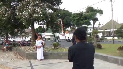 Pohon Tabebuya Bermekaran di Alun-alun Jombang dengan Begitu Indah, Warga Menikmati Sambil Berfoto