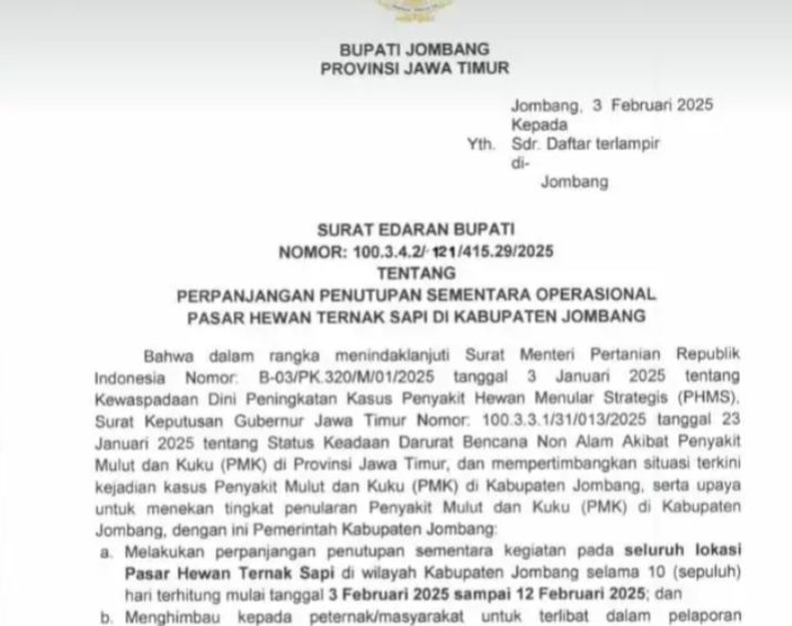 Pemkab Jombang Perpanjang Penutupan Pasar Hewan untuk Cegah Wabah PMK!