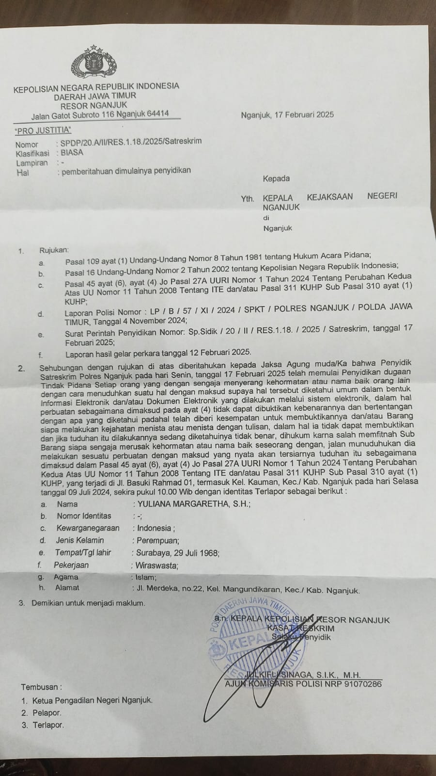 Kasus Dugaan Fitnah PT TMKI Berlanjut, Polres Nganjuk Terbitkan SPDP