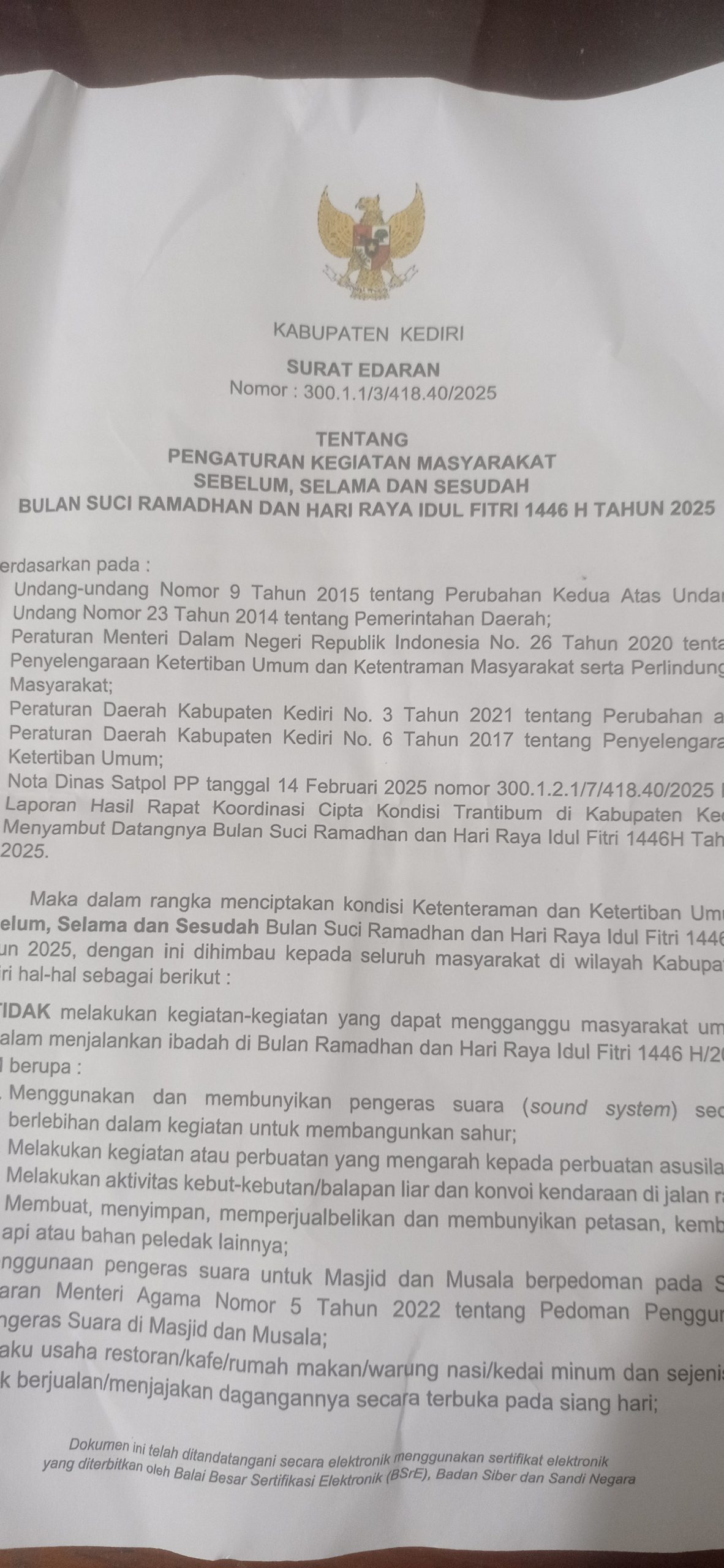 Pemkab Kediri Imbau Warga Tidak Menyalakan Petasan Saat Ramadan