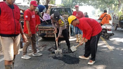 LSM Cakrawala Keadilan Tambal Jalan Berlubang di Pantura Lamongan Pakai Dana Swadaya