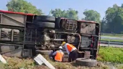 Kronologi Bus Pariwisata Terguling di KM 701 Tol Jomo, 36 Penumpang Dievakuasi!
