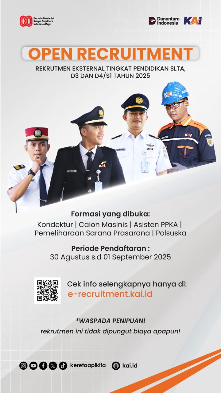 Peluang Kerja, PT KAI Buka Rekrutmen Eksternal 2025, Lulusan SLTA hingga S1