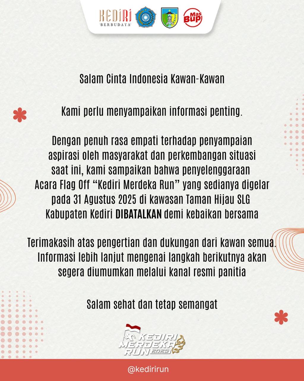 Kondisi Belum Kondusif, Kediri Merdeka Run Resmi Ditunda