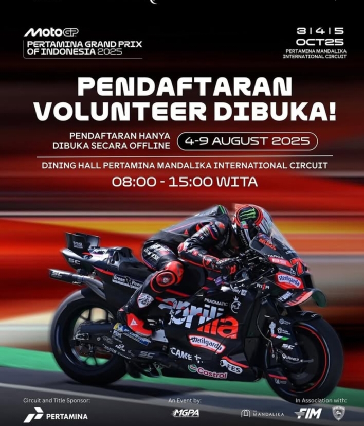 Pendaftaran Volunteer MotoGP Mandalika 2025 Resmi Dibuka, Ini Syarat dan Divisinya