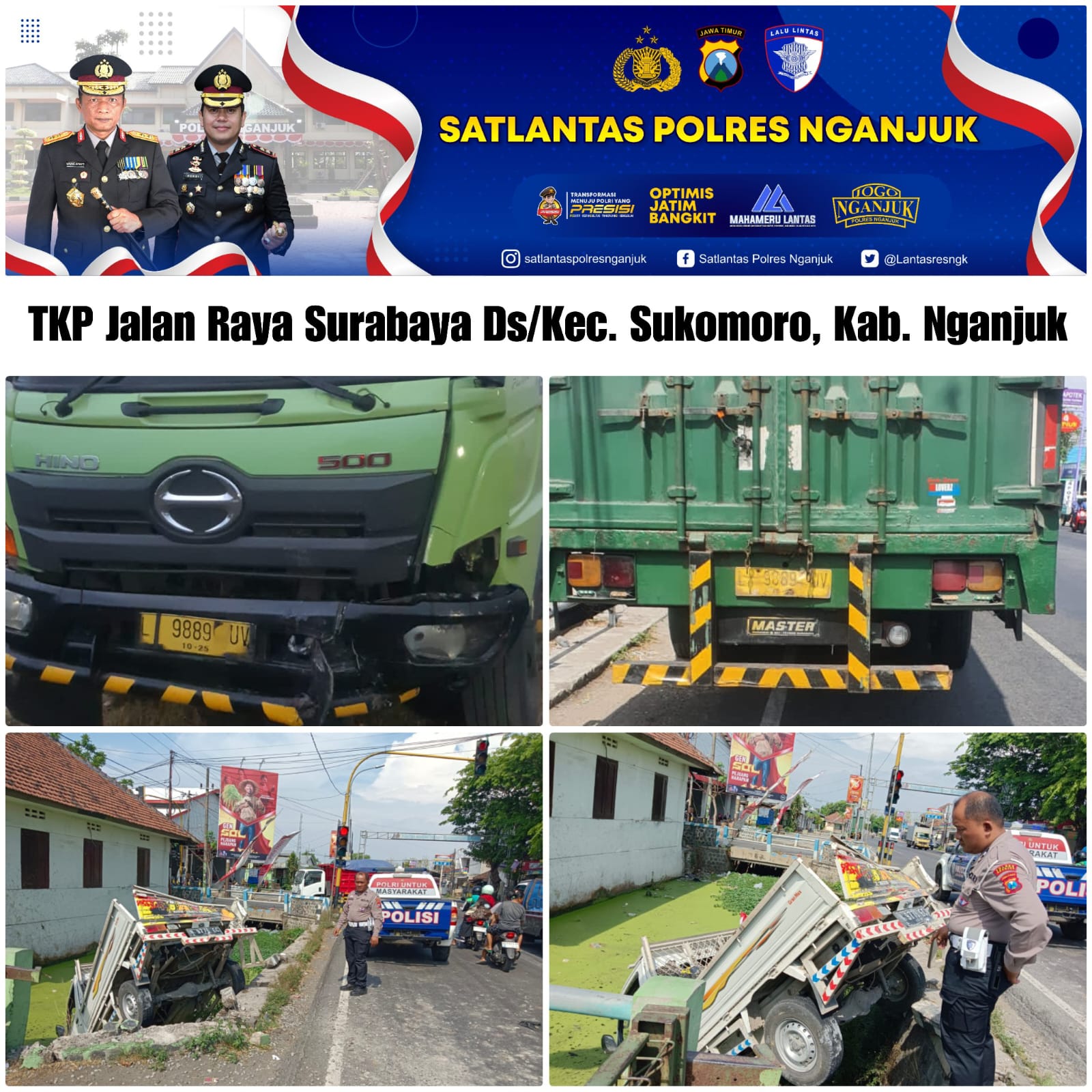 Truk Tronton Tabrak Pikap Sampai Ringsek dan Terguling ke Sungai di Depan Pasar Sukomoro, Kerugian C