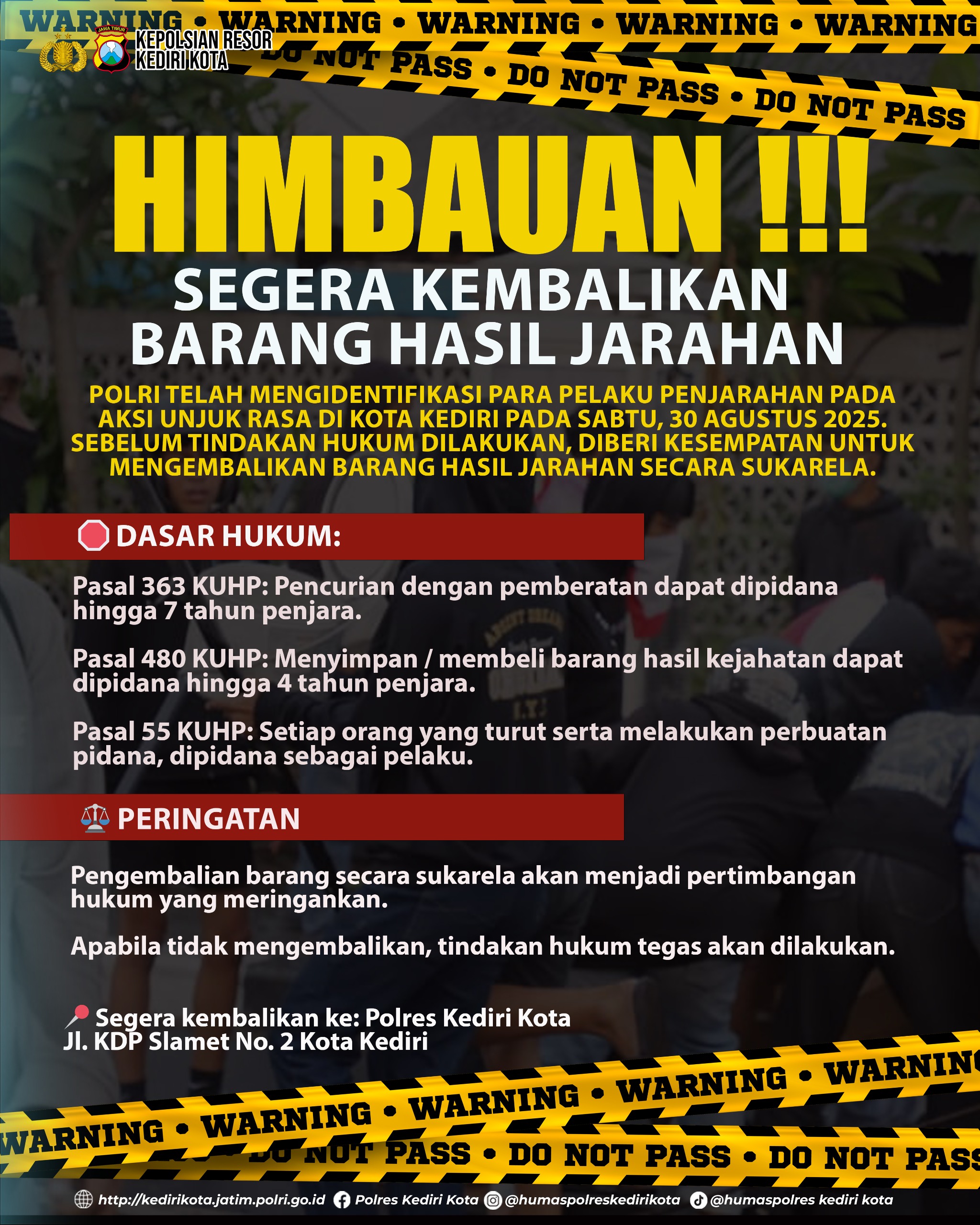 Polres Kediri Kota Imbau Pelaku Penjarahan Kembalikan Barang Hasil Rampasan