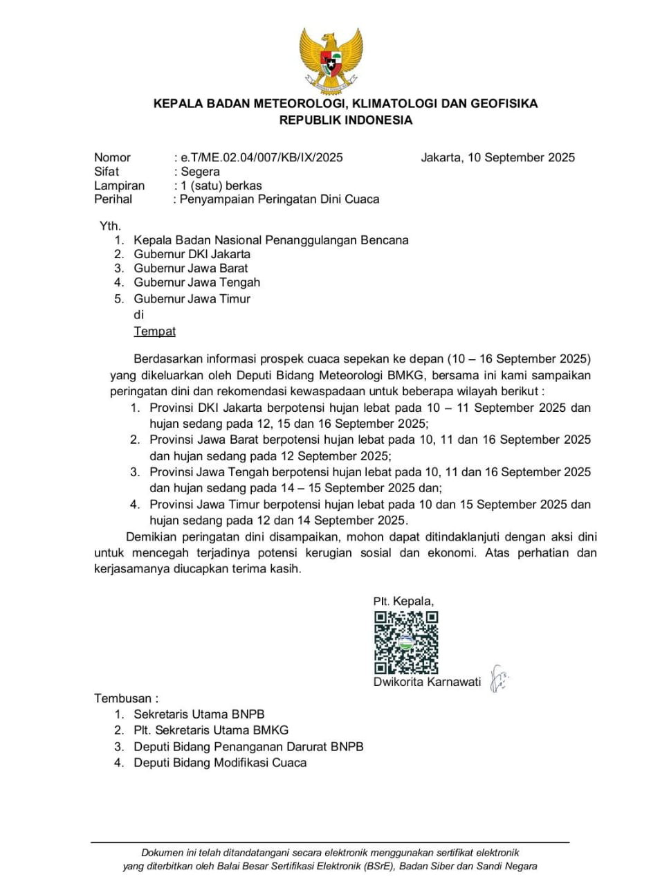 BMKG Peringatkan Hujan Lebat Pertengahan September, BPBD Kediri Tingkatkan Kewaspadaan