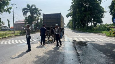 Diduga Sopir Mengantuk, Truk Tronton Bermuatan Pasir Tabrak Tiang Lampu Merah di Lamongan