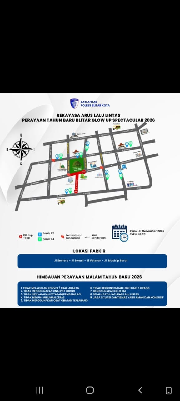 Antisipasi Kerumunan Malam Tahun Baru 2026, Sejumlah Ruas Jalan di Kota Blitar Ditutup