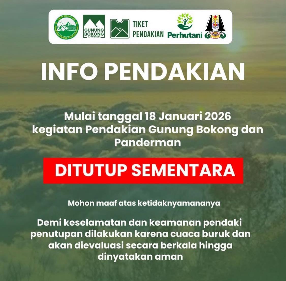 Cuaca Ekstrem, Jalur Pendakian Gunung Bokong dan Panderman Ditutup Sementara