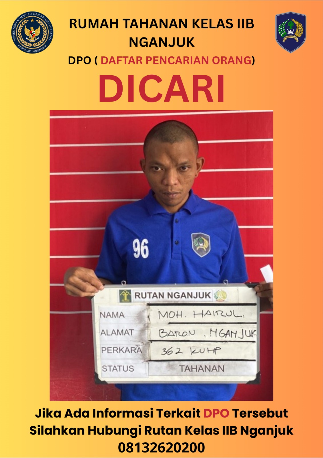 Ini Ciri-ciri Moh. Hairul, Tahanan Kasus Pencurian yang Kabur dari Lapas Nganjuk