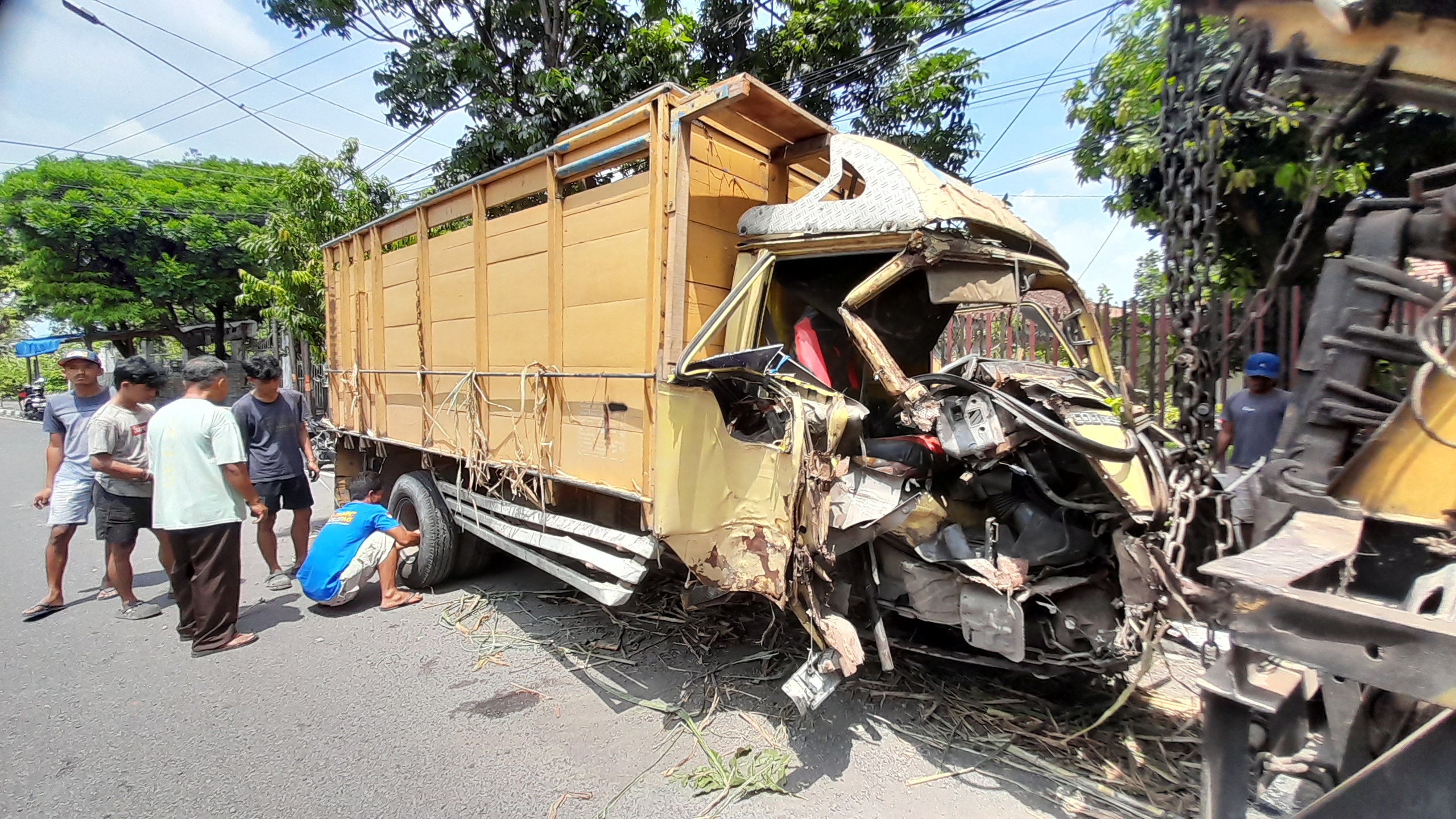 Diduga Mengantuk, Truk Bermuatan Benih Tebu Hantam Pohon hingga Ringsek di Kediri
