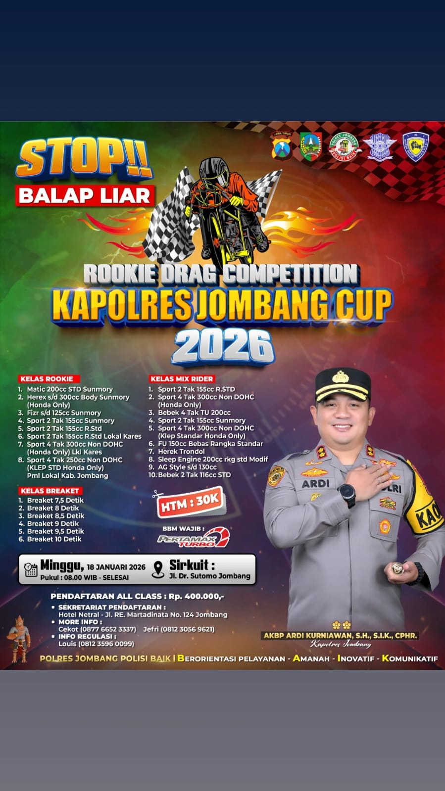 Kapolres Jombang Dukung Rookie Drag Competition 2026 sebagai Wadah Balap Resmi Anak Muda