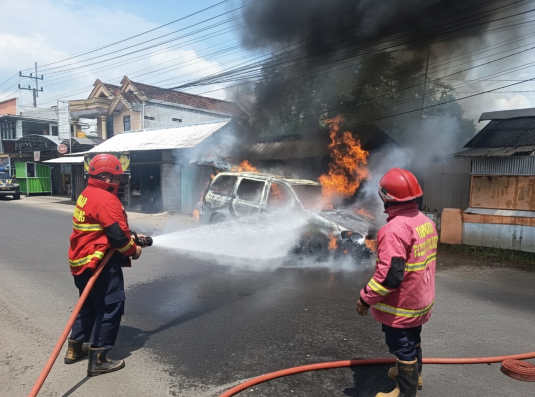 Diduga Korsleting Listrik, Minibus KIA Karnival Terbakar di Jalan Bendilwungu Tulungagung