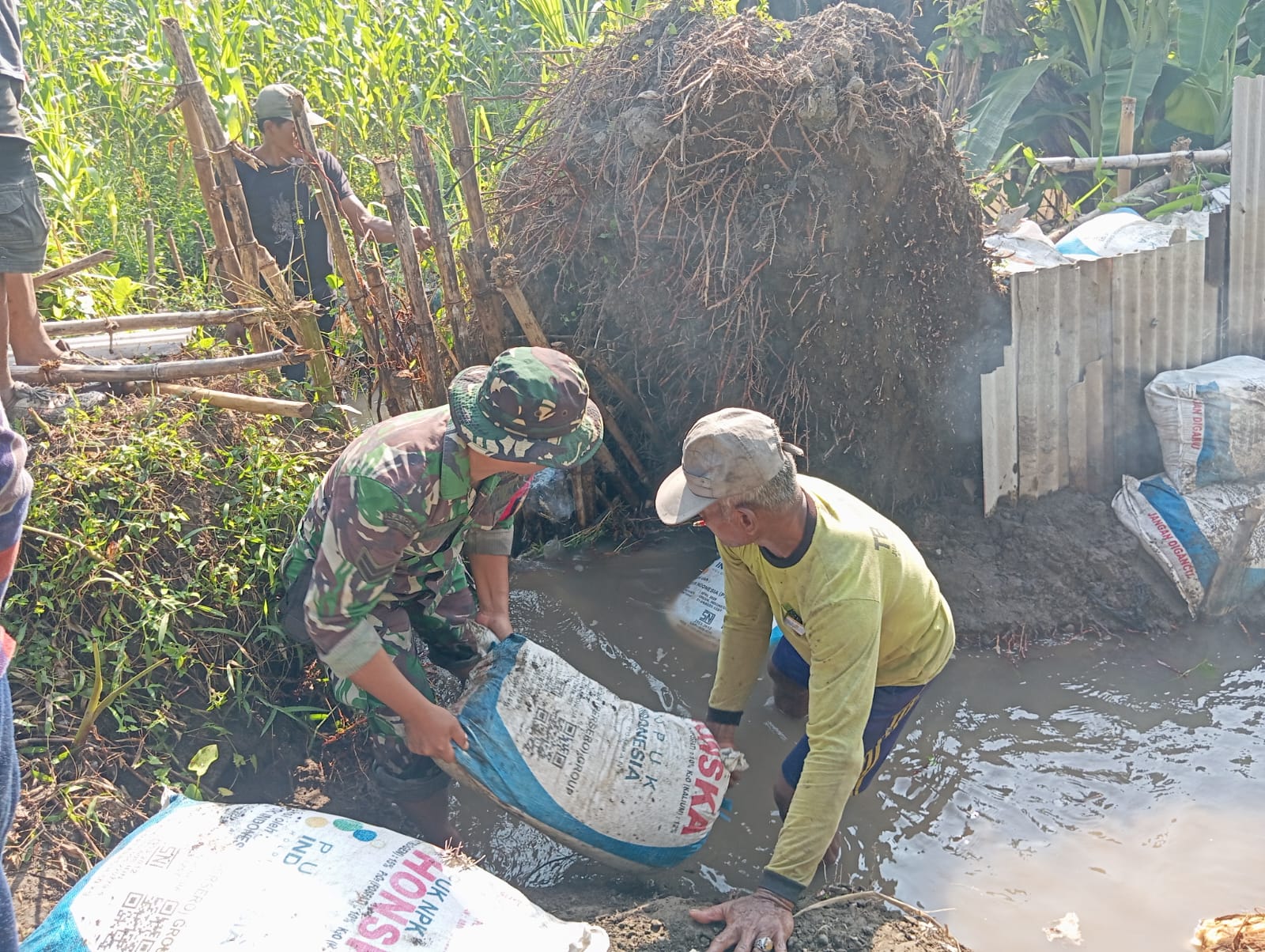 Babinsa dan Warga Gotong Royong Bersihkan Sungai Pulerejo, Perbaiki Tanggul Rusak