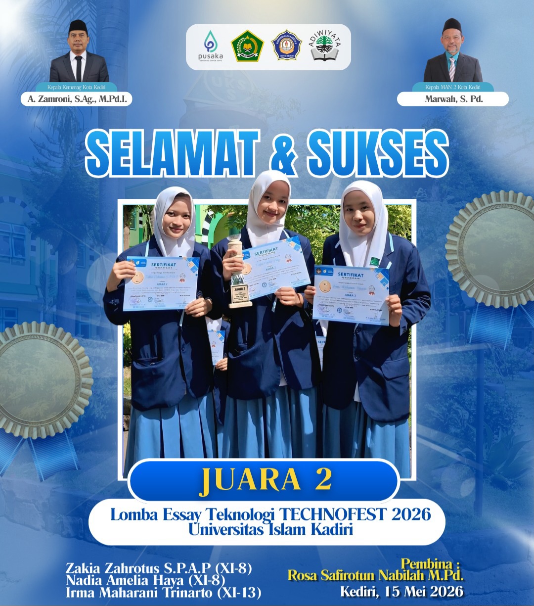 Tiga Siswi MAN 2 Kota Kediri Raih Juara 2 Lomba Essay Teknologi TECHNOFEST 2026