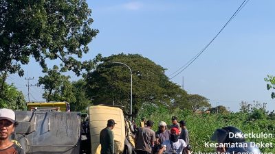 Diduga Sopir Mengantuk, Truk Tangki Tabrak Pohon dan Terguling di Jalur Deket-Karangbinangun Lamongan