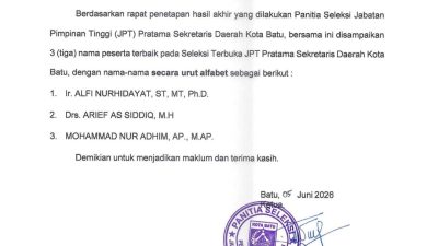 Tiga Besar Calon Sekda Kota Batu Diumumkan, Penentuan Akhir Menunggu Keputusan Wali Kota