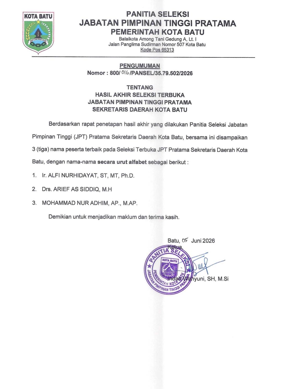 Tiga Besar Calon Sekda Kota Batu Diumumkan, Penentuan Akhir Menunggu Keputusan Wali Kota
