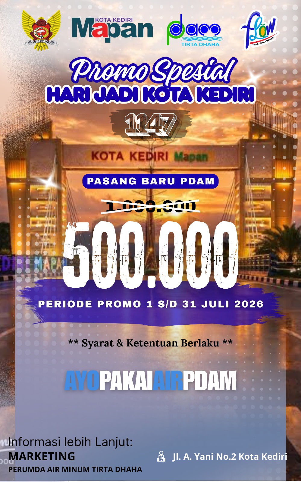 Promo Hari Jadi Kota Kediri ke-1.147, Tirta Dhaha Beri Diskon Pasang Baru PDAM Jadi Rp500 Ribu Selama Juli 2026