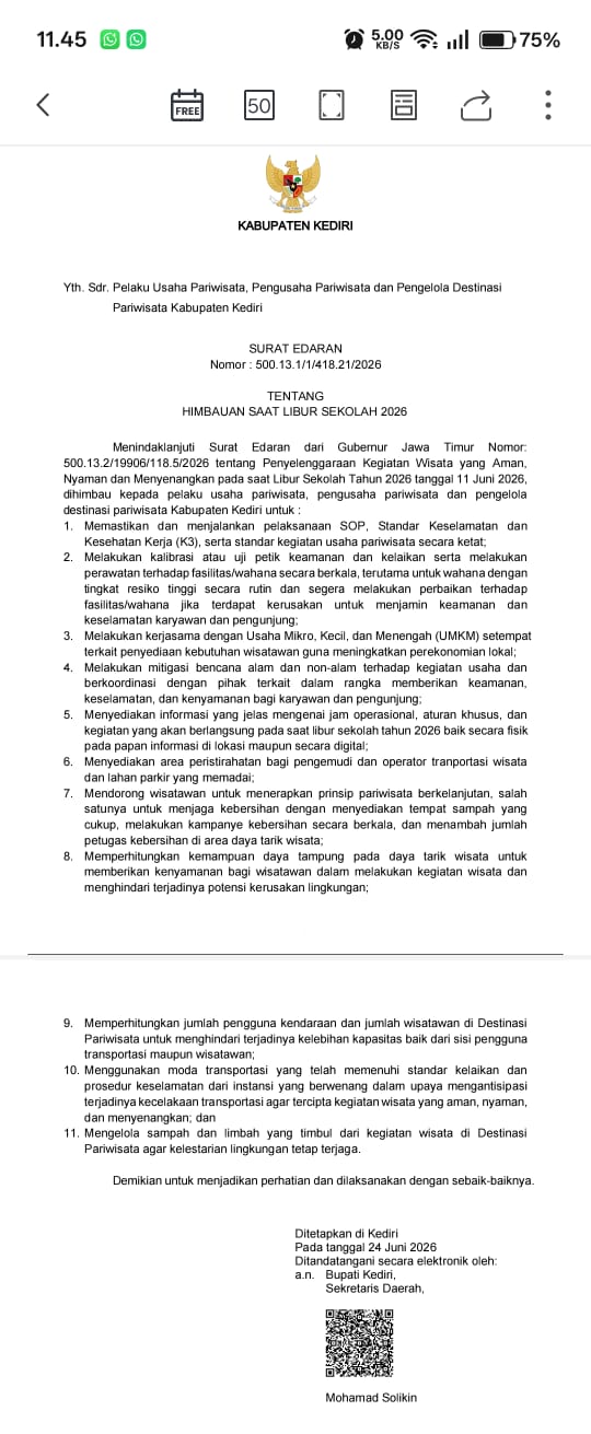 Pemkab Kediri Terbitkan SE untuk Pengelola Wisata, Tekankan Aspek Keamanan Selama Libur Sekolah
