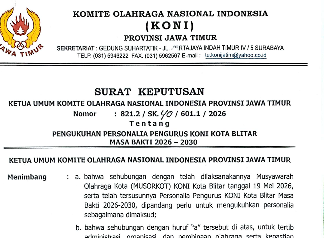 Pengurus Baru KONI Kota Blitar Periode 2026–2030 Mulai Disusun, Menunggu Pengukuhan Resmi