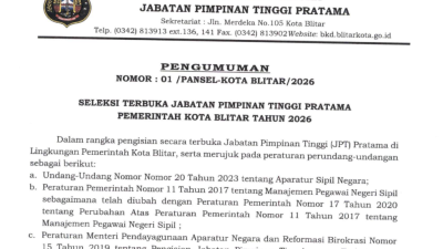 Pemkot Blitar Buka Seleksi Terbuka Enam Jabatan Kepala OPD, Pendaftaran Berlangsung Hingga 9 Juni 2026
