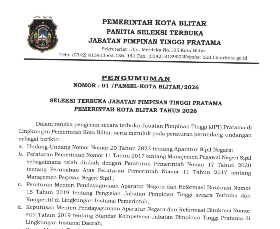 Pemkot Blitar Buka Seleksi Terbuka Enam Jabatan Kepala OPD, Pendaftaran Berlangsung Hingga 9 Juni 2026