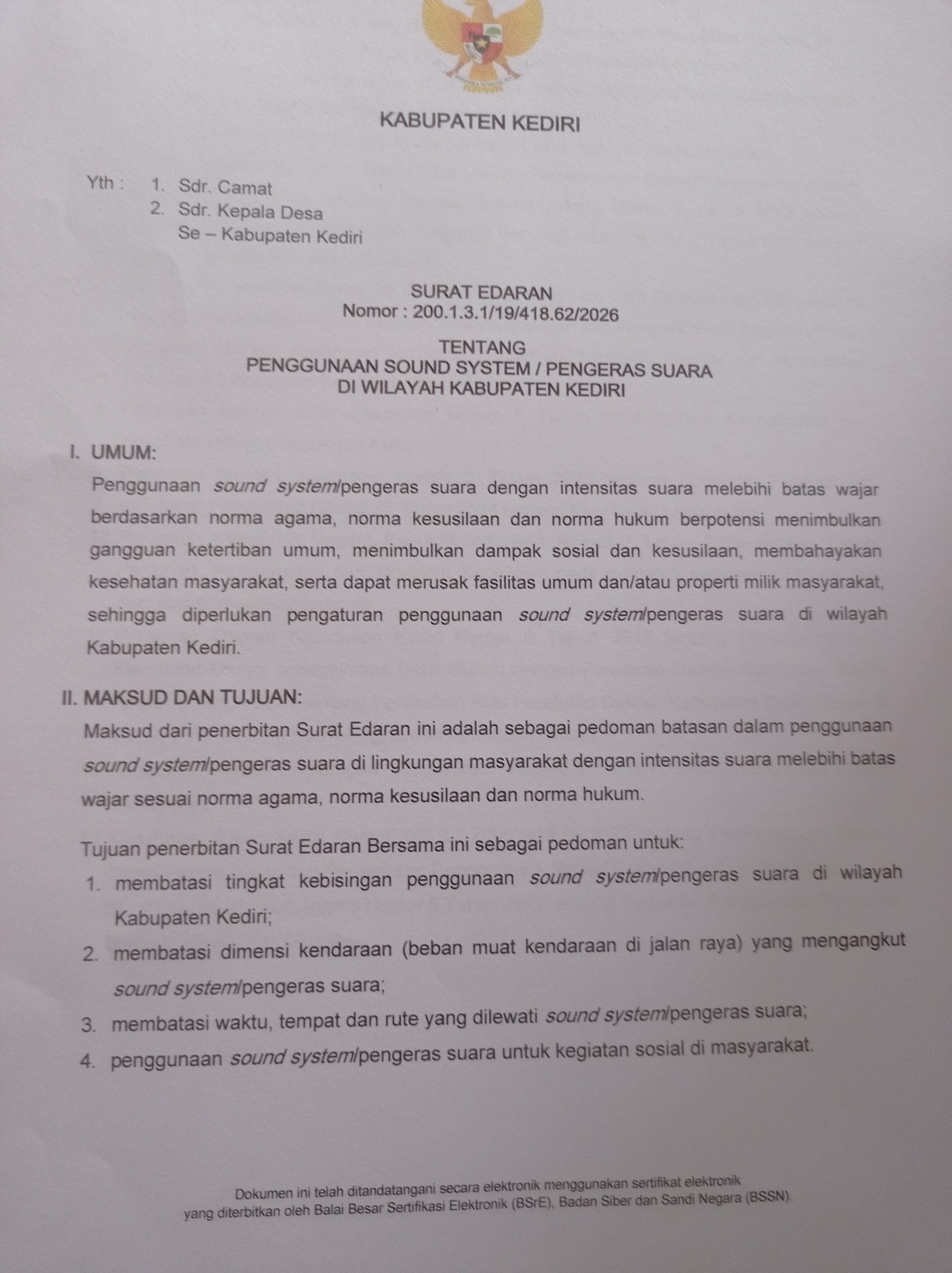 Pemkab Kediri Terbitkan SE Penggunaan Sound System untuk Kegiatan Agustusan, Ini Aturannya
