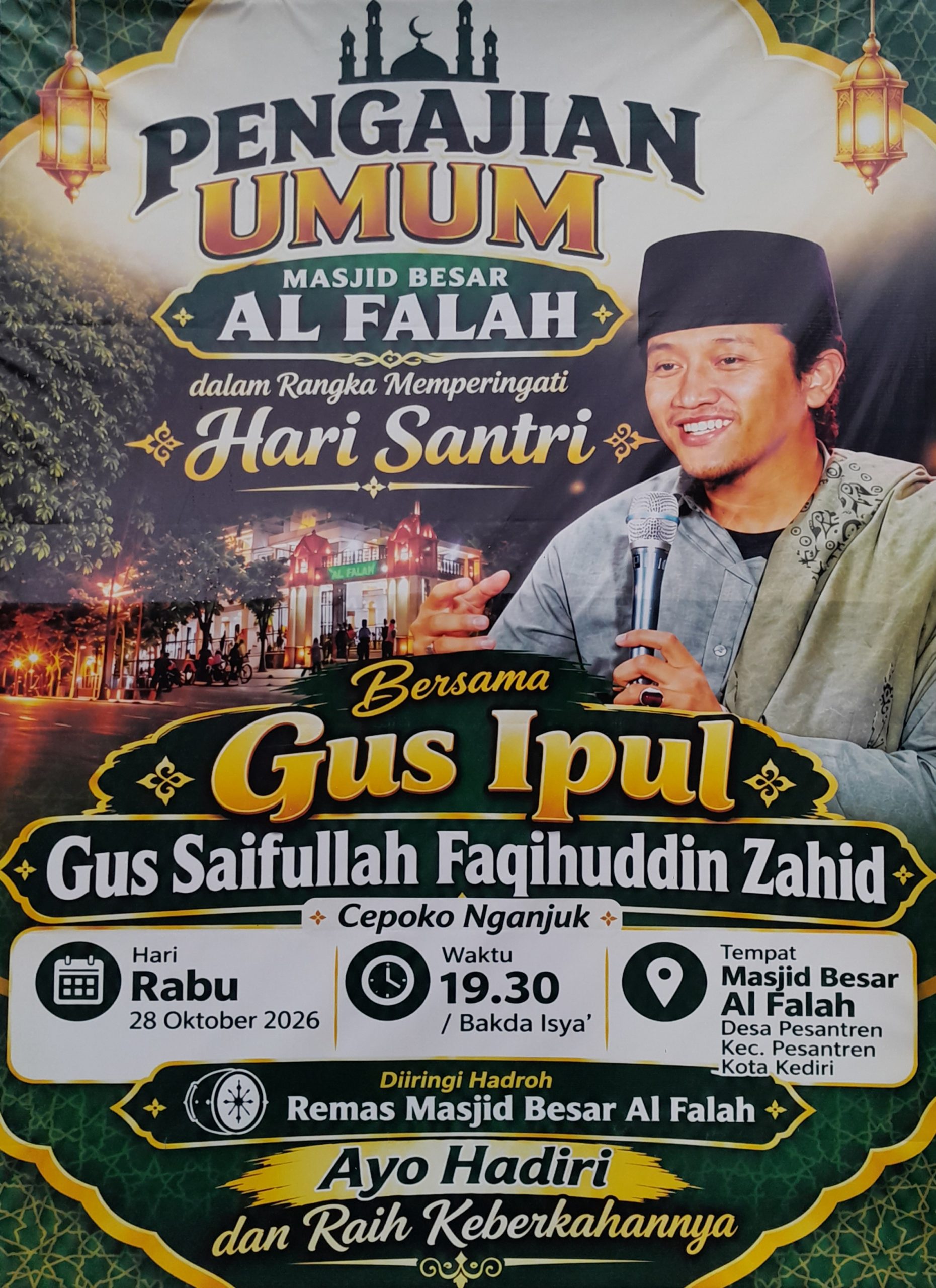 Gus Ipul Hadiri Pengajian Hari Santri di Masjid Al Falah Kediri, Ini Rute dan Informasi Parkir